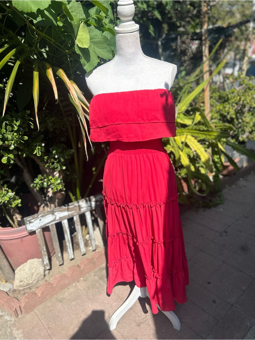 1. State Bright Red Strapless Tiered Midi Dress